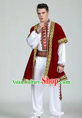 Chinese Traditional Uyghur Nationality Red Outfits Xinjiang Ethnic Minority Folk Dance Stage Show Costume for Men
