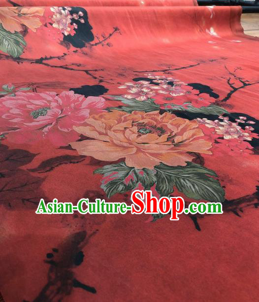 Asian Chinese Traditional Peony Pattern Design Red Gambiered Guangdong Gauze Fabric Silk Material