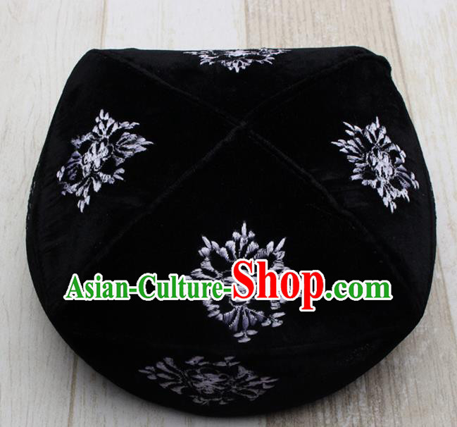 Chinese Traditional Uyghur Minority Embroidered Black Hat Ethnic Xinjiang Folk Dance Headwear for Men