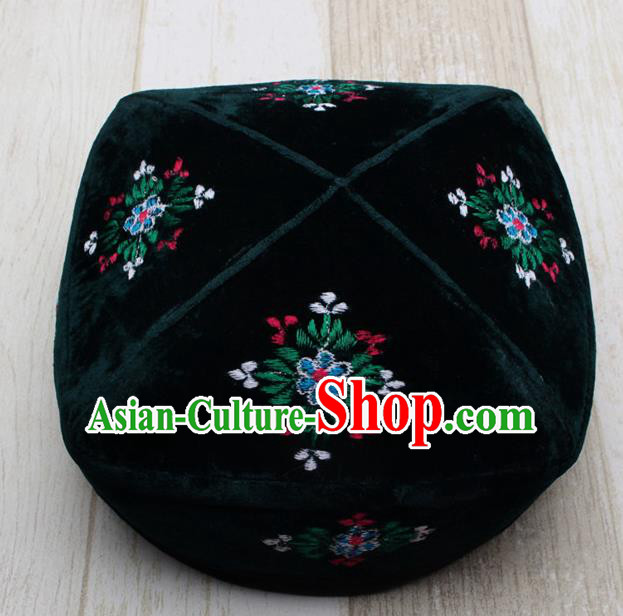 Chinese Traditional Uyghur Minority Embroidered Deep Green Hat Ethnic Xinjiang Folk Dance Headwear for Men