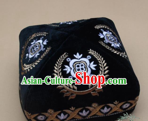 Chinese Traditional Uyghur Minority Dance Embroidered Black Hat Xinjiang Ethnic Headwear for Men