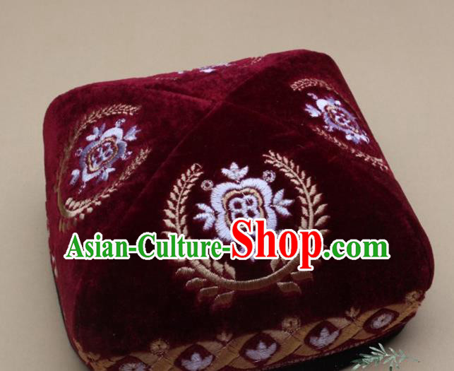Chinese Traditional Uyghur Minority Dance Embroidered Red Hat Xinjiang Ethnic Headwear for Men