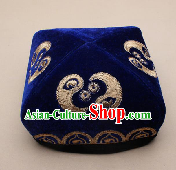 Chinese Traditional Uyghur Minority Dance Embroidered Royalblue Hat Xinjiang Ethnic Headwear for Men