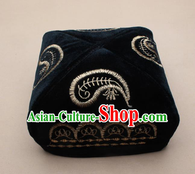 Chinese Traditional Uyghur Minority Dance Embroidered Black Velvet Hat Xinjiang Ethnic Headwear for Men