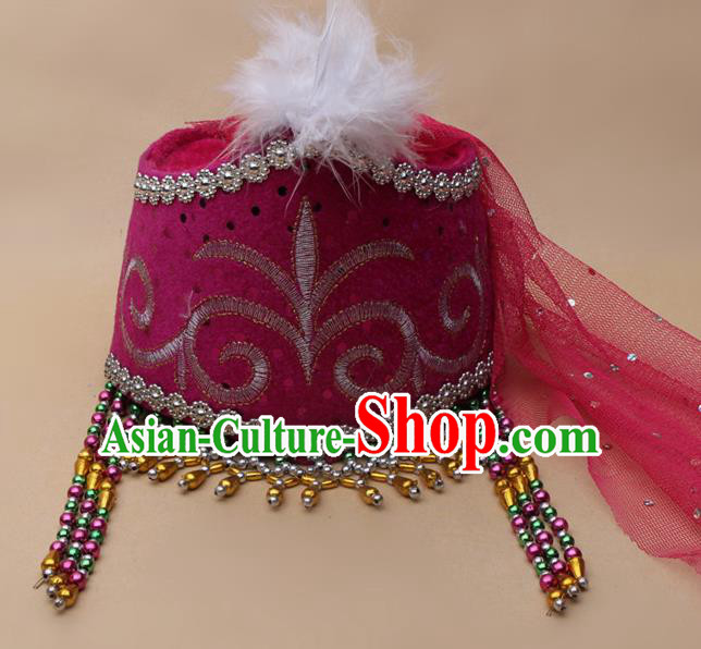Handmade Chinese Traditional Kazak Minority Dance Rosy Veil Hat Ethnic Nationality Headwear for Women