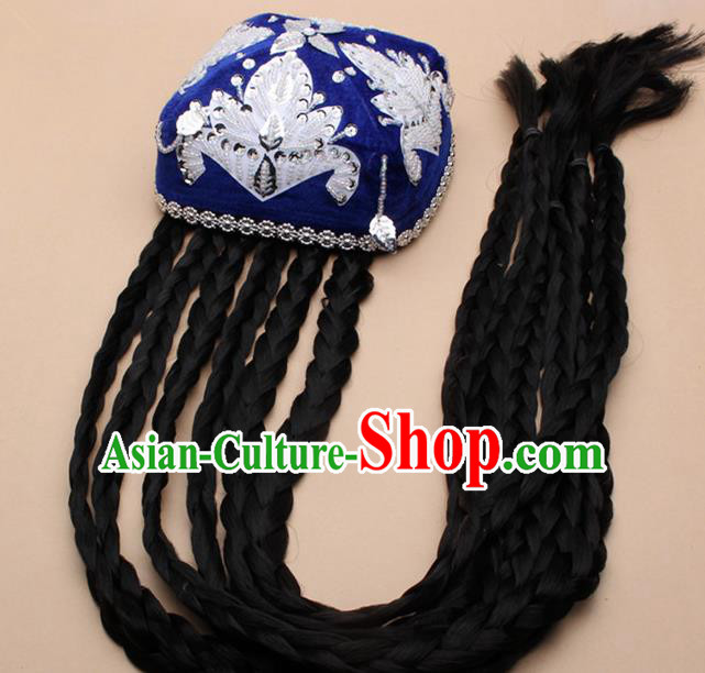 Chinese Traditional Uyghur Minority Dance Braid Royalblue Hat Xinjiang Ethnic Nationality Headwear for Women