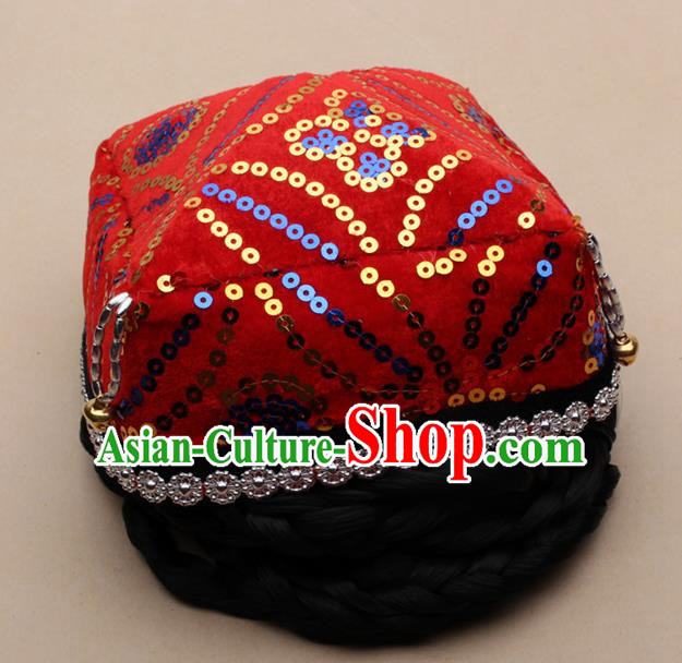 Chinese Traditional Uyghur Minority Dance Bells Red Hat Xinjiang Ethnic Nationality Headwear for Women
