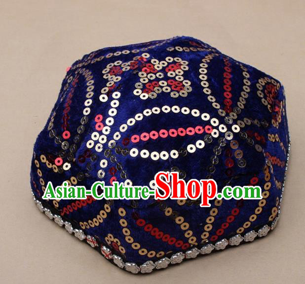 Chinese Traditional Xinjiang Ethnic Dance Hexagon Deep Blue Hat Uyghur Minority Nationality Headwear for Kids