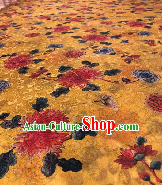 Asian Chinese Traditional Chrysanthemum Pattern Design Yellow Gambiered Guangdong Gauze Fabric Silk Material