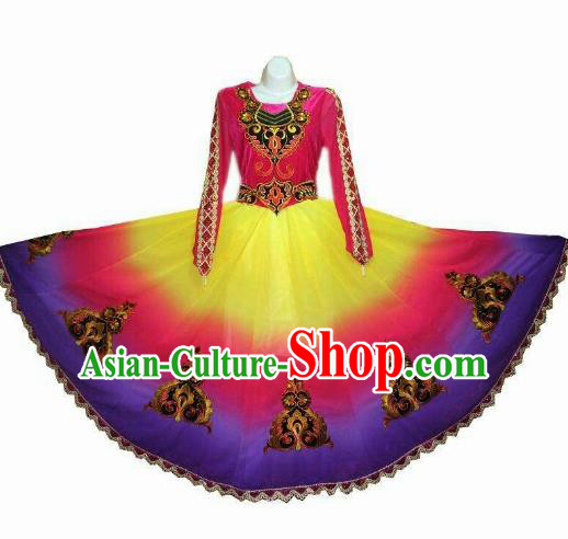 Traditional Chinese Xinjiang Uyghur Nationality Gradient Purple Dress Ethnic Folk Dance Stage Show Costume for Women