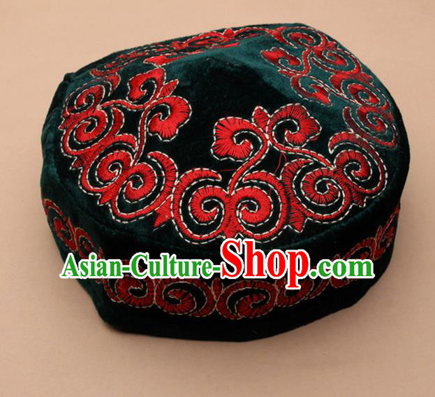 Chinese Traditional Kazak Minority Embroidered Atrovirens Velvet Hat Ethnic Xinjiang Stage Show Headwear for Men