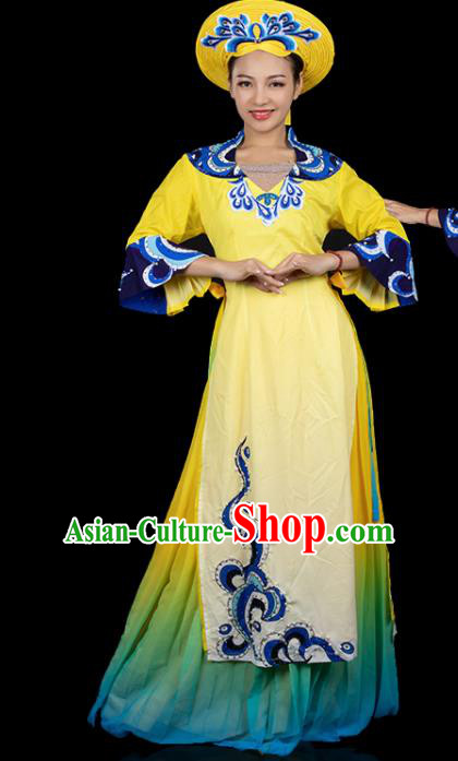 Traditional Chinese Jing Nationality Printing Yellow Dress Ethnic Ha Festival Folk Dance Costume for Women