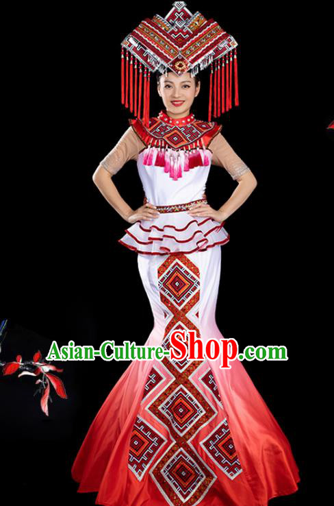 Traditional Chinese Zhuang Nationality Liu Sanjie Red Dress Ethnic Stage Show Folk Dance Costume for Women
