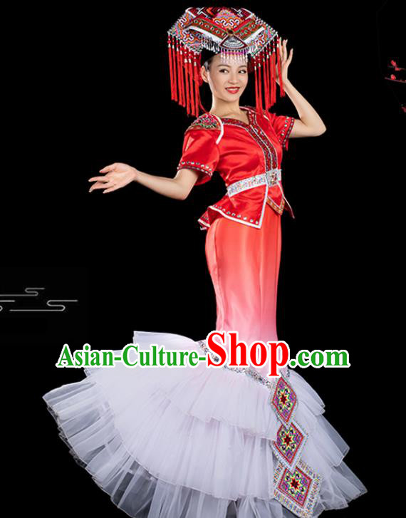 Traditional Chinese Zhuang Nationality Folk Dance Liu Sanjie Red Veil Dress Ethnic Stage Show Costume for Women