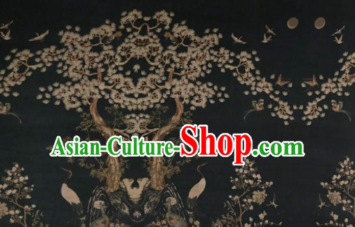 Asian Chinese Traditional Pine Crane Pattern Design Black Gambiered Guangdong Gauze Fabric Silk Material