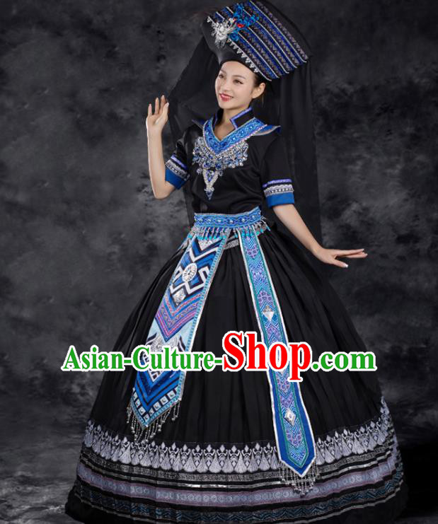 Chinese Traditional Zhuang Nationality Black Dress Ethnic Folk Dance Stage Show Liu Sanjie Costume for Women