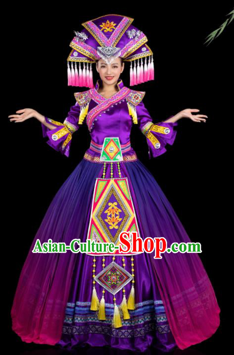 Chinese Traditional Zhuang Nationality Purple Dress Ethnic Folk Dance Stage Show Liu Sanjie Costume for Women