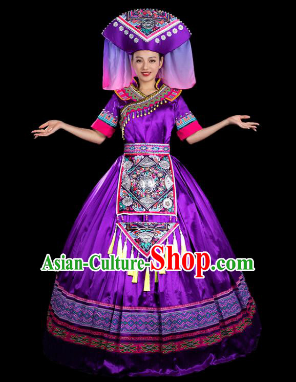Chinese Traditional Zhuang Nationality Short Sleeve Deep Purple Dress Ethnic Folk Dance Stage Show Liu Sanjie Costume for Women