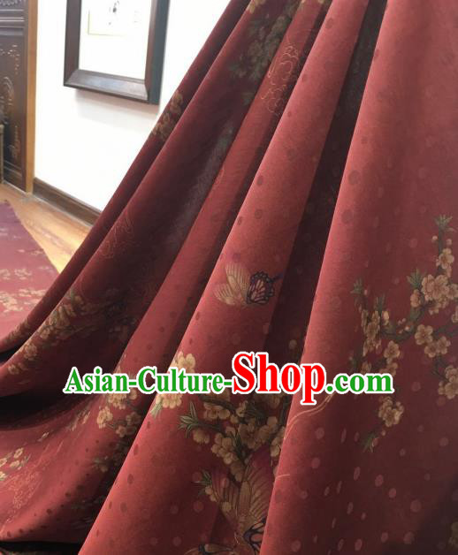 Asian Chinese Traditional Plum Blossom Pattern Design Red Gambiered Guangdong Gauze Fabric Silk Material