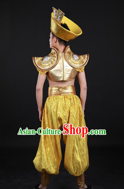 Chinese Traditional Yao Nationality Golden Outfits Ethnic Minority Folk Dance Stage Show Costume for Men