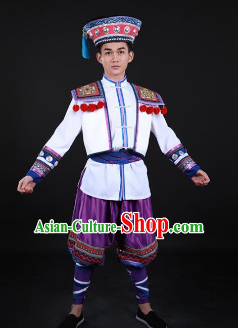 Chinese Traditional Yao Nationality Festival Purple Outfits Ethnic Minority Folk Dance Stage Show Costume for Men