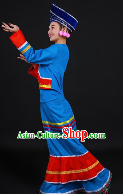 Chinese Traditional Deang Nationality Sky Blue Dress Ethnic Folk Dance Stage Show Costume for Women
