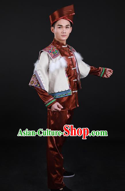 Chinese Traditional Miao Nationality Festival Brown Outfits Ethnic Minority Folk Dance Stage Show Costume for Men