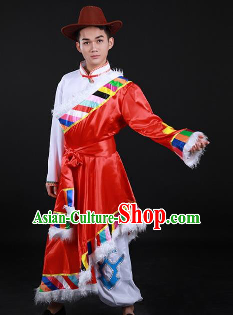 Chinese Traditional Yugu Nationality Festival Red Outfits Ethnic Minority Folk Dance Stage Show Costume for Men