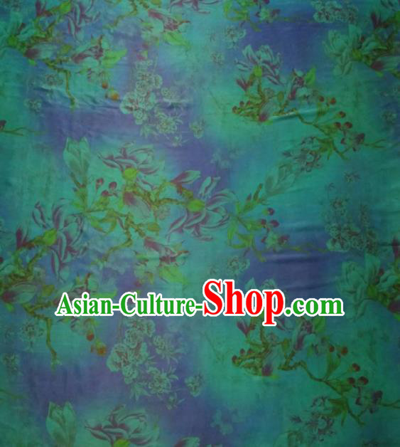 Asian Chinese Traditional Yulan Magnolia Pattern Design Blue Gambiered Guangdong Gauze Fabric Silk Material