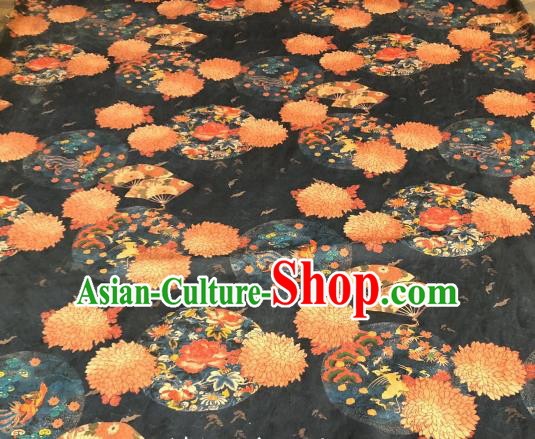 Asian Chinese Traditional Chrysanthemum Peony Pattern Design Navy Gambiered Guangdong Gauze Fabric Silk Material