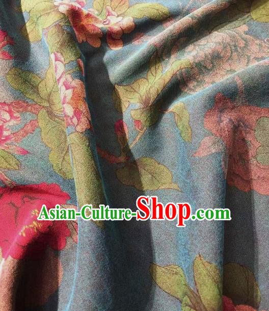 Asian Chinese Traditional Peony Pattern Design Peacock Blue Gambiered Guangdong Gauze Fabric Silk Material