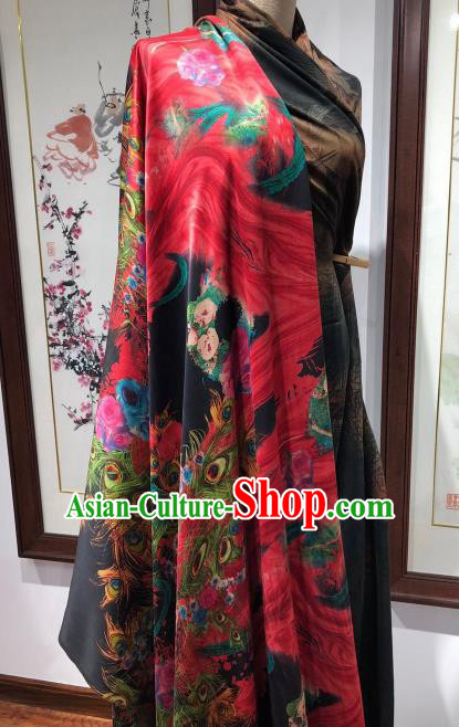 Asian Chinese Classical Peacock Pattern Design Red Gambiered Guangdong Gauze Fabric Traditional Silk Material