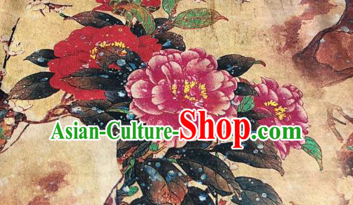Asian Chinese Classical Peony Pattern Design Ginger Gambiered Guangdong Gauze Fabric Traditional Silk Material