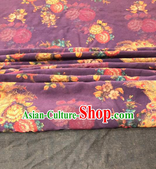 Asian Chinese Classical Peacock Pattern Design Purple Gambiered Guangdong Gauze Fabric Traditional Silk Material