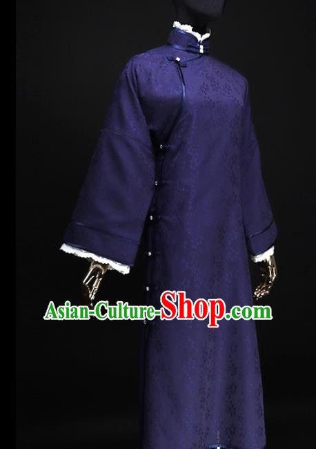 Chinese Traditional Deep Blue Silk Cheongsam Costume Republic of China Mandarin Qipao Dress for Women