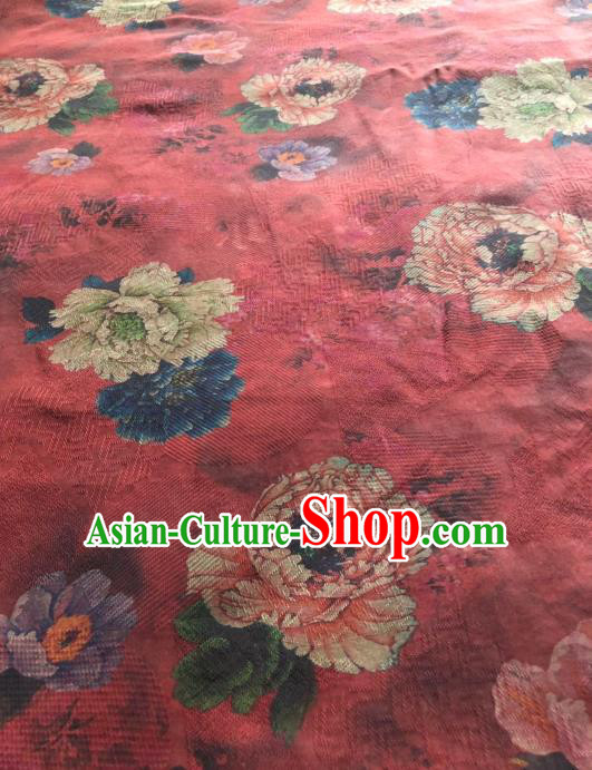Asian Chinese Classical Peony Pattern Design Red Gambiered Guangdong Gauze Fabric Traditional Silk Material