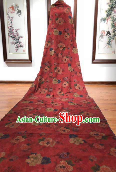 Asian Chinese Classical Peony Pattern Design Red Gambiered Guangdong Gauze Fabric Traditional Silk Material