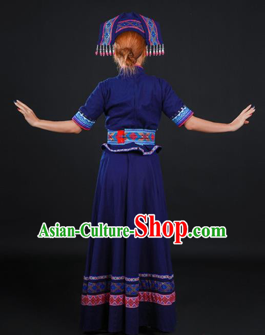 Chinese Traditional Zhuang Nationality Navy Long Dress Ethnic Minority Folk Dance Stage Show Costume for Women