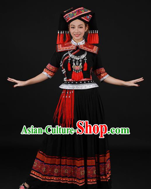 Chinese Traditional Zhuang Nationality Black Long Dress Ethnic Minority Folk Dance Stage Show Costume for Women