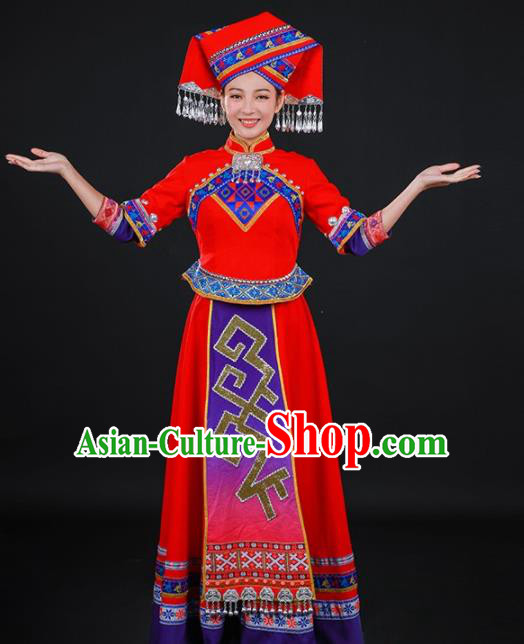 Chinese Traditional Zhuang Nationality Stage Show Red Long Dress Ethnic Minority Folk Dance Costume for Women