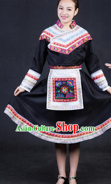 Chinese Traditional She Nationality Stage Show Black Short Dress Ethnic Minority Folk Dance Costume for Women