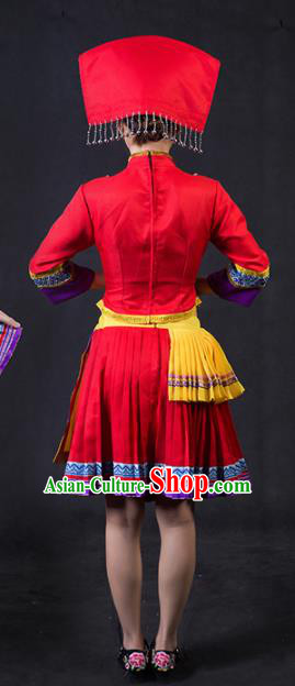 Chinese Traditional Zhuang Nationality Stage Show Red Short Dress Ethnic Minority Folk Dance Costume for Women