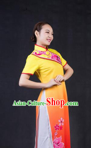 Chinese Spring Festival Gala Classical Dance Orange Qipao Dress Traditional Fan Dance Compere Costume for Women