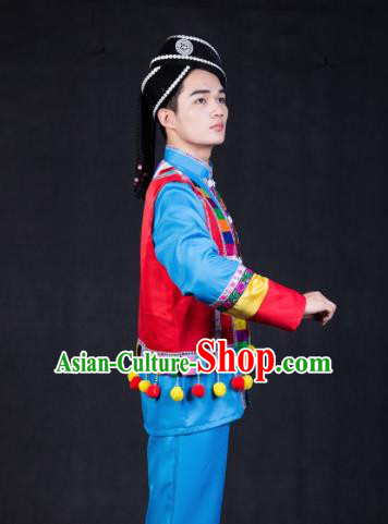 Chinese Traditional Yao Nationality Festival Compere Blue Outfits Ethnic Minority Folk Dance Stage Show Costume for Men