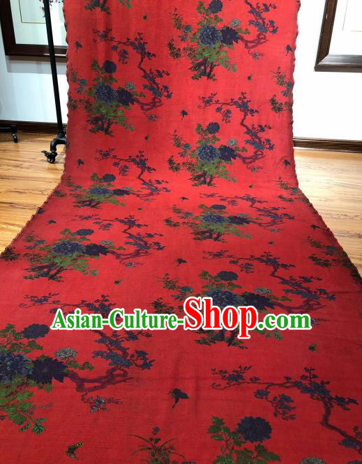 Asian Chinese Traditional Peony Orchid Pattern Design Red Gambiered Guangdong Gauze Fabric Silk Material