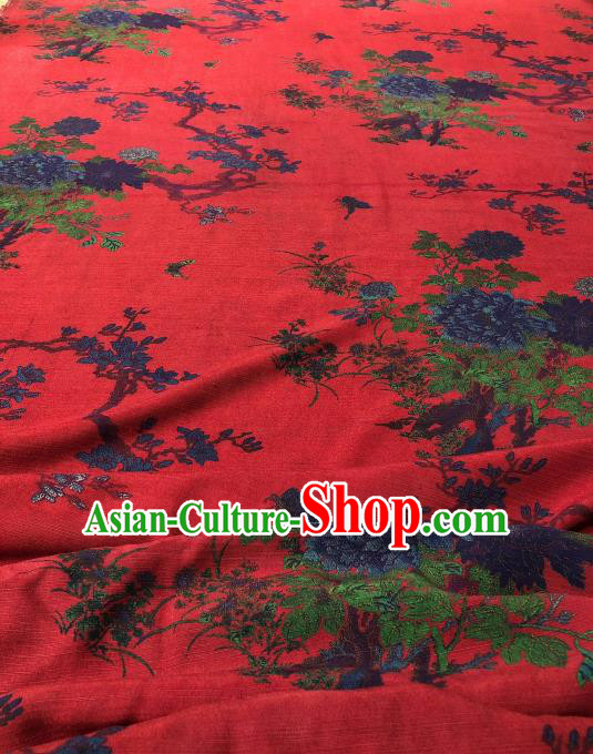 Asian Chinese Traditional Peony Orchid Pattern Design Red Gambiered Guangdong Gauze Fabric Silk Material