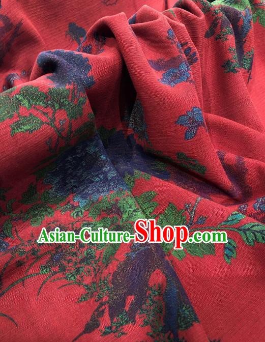 Asian Chinese Traditional Peony Orchid Pattern Design Red Gambiered Guangdong Gauze Fabric Silk Material