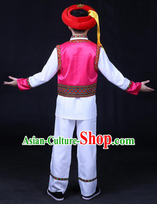 Chinese Traditional Bai Nationality Festival Compere Rosy Outfits Ethnic Minority Folk Dance Stage Show Costume for Men