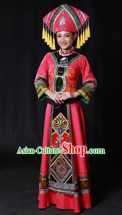 Chinese Traditional Guangxi Zhuang Nationality Rosy Dress Ethnic Minority Folk Dance Stage Show Costume for Women