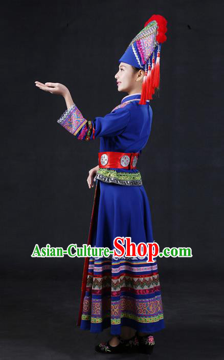 Chinese Traditional Guangxi Zhuang Nationality Stage Show Blue Dress Ethnic Minority Folk Dance Costume for Women
